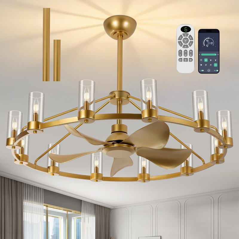 44-Inch Wagon Wheel Chandelier Ceiling Fan with 12 Lights, Gold