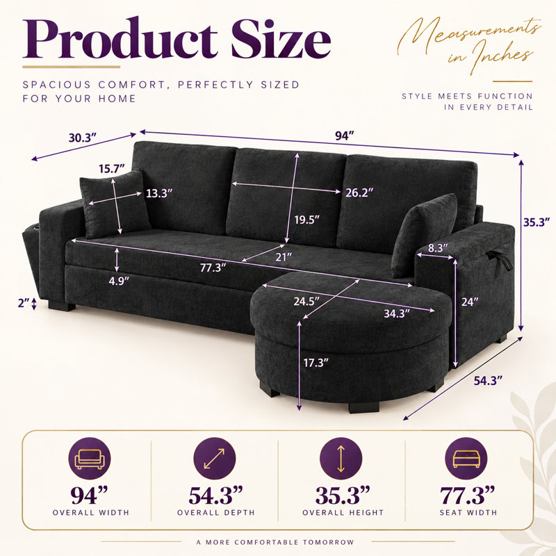 Canapé d'angle Geng 94" en chenille avec pouf de rangement incurvé, double rangement dissimulé dans les accoudoirs, ports de chargement USB et porte-gobelets