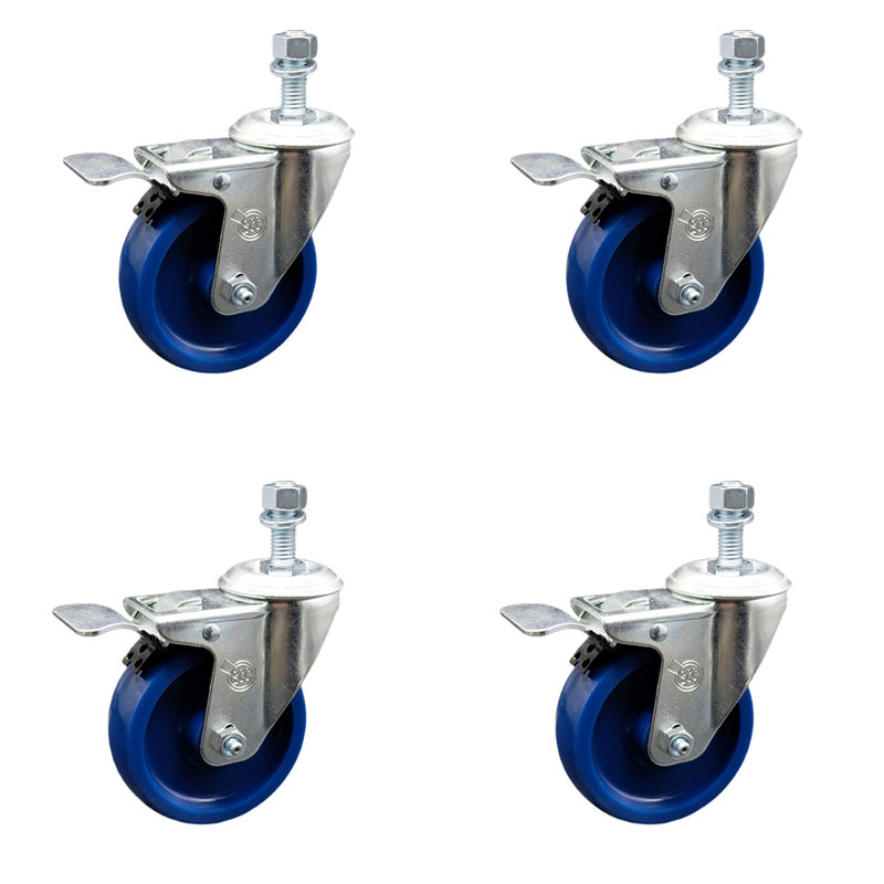 4 Inch Solid Polyurethane Swivel 3/8 Inch Stem Caster Set with Total Lock Brake