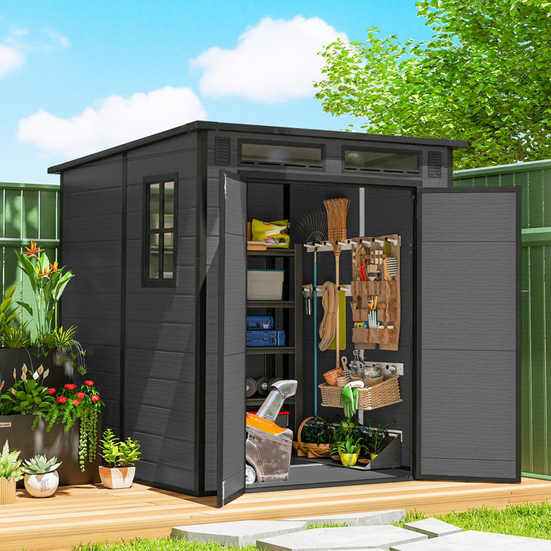 Outsunny 6 x 6 ft Plastic Garden Shed with Floor, Three Windows, Dark Grey