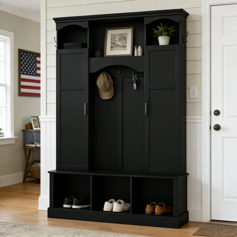Modern Farmhouse Hall Tree With Arched Silhouette, Large Entryway Storage Bench With Adjustable Shelves And Open Shoe Cubbies, Black