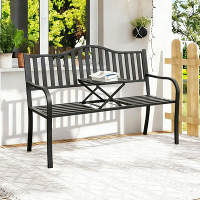 59" L Metal Bench Patio Bench, 2 in 1 Outdoor Benches Weatherproof with Folding Middle Table, Wrought Iron Garden Benches for Outdoors, Patio, Garden, Park