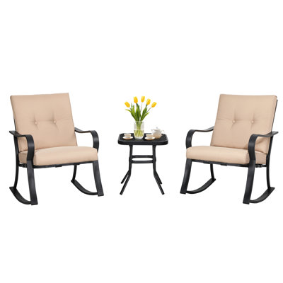 Gros Metal 2 - Person Outdoor Rocking Seating Group with Cushions, 3-Piece Outdoor Rocking Chairs Set With Glass Coffee Table