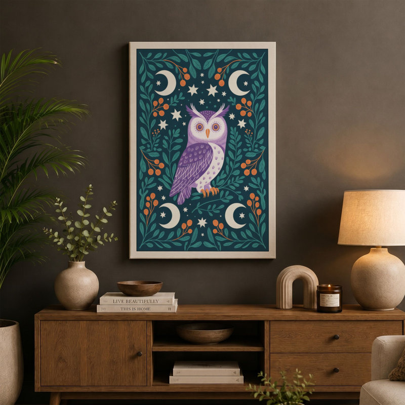 Moonlit Owl with Botanica Boho - Wrapped Canvas, 18x12 - 45.7 x 30.5 cm, Black Border