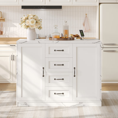 47.2" Kitchen Island with Charging Station, LED Lights, 4 Drawers and 2 Cabinets, Faux Marble Top