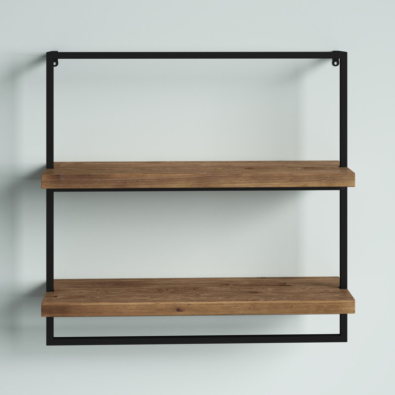 Brown 26" Floating Wood and Metal Wall Shelf