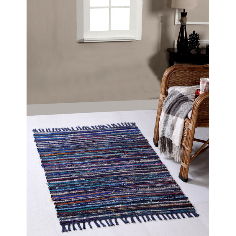 Marone Striped Cotton Hand Woven Area Rug, Rectangle 75 x 120cm