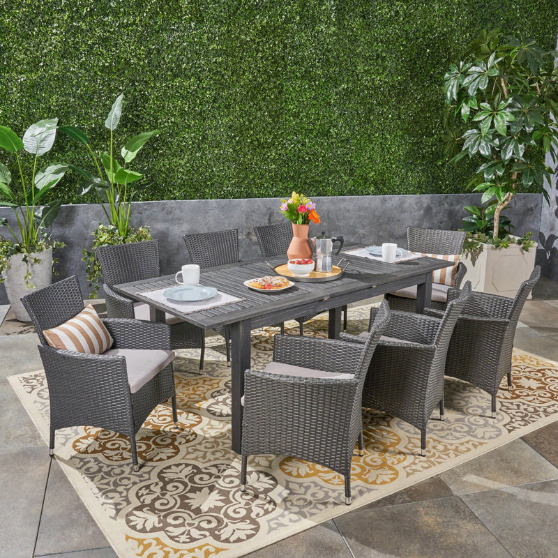 8 - Person Acacia Patio Dining Set with Extendable Rectangular Table, Sandblast Dark Gray/Gray Frame / Silver Cushion