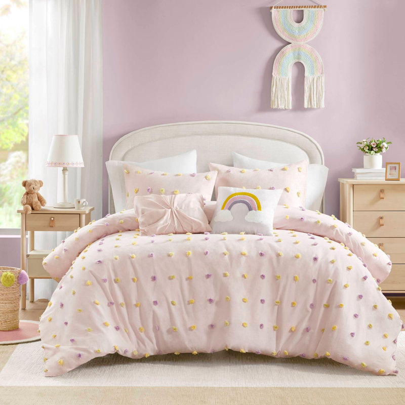 5PCS Full/Queen Cotton Jacquard Pom Pom Comforter Set, Full Comforter + 4 Additional Pieces