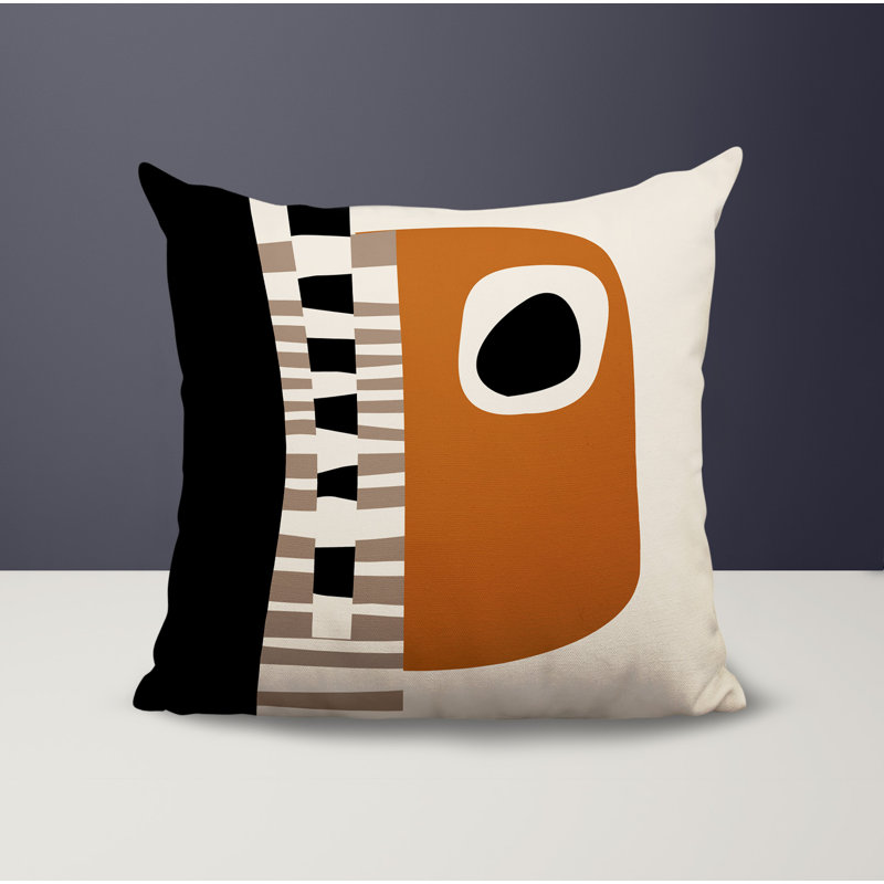 Oreiller carré réversible intérieur / extérieur Rikka, H 17 po x l 17 po, Orange brûlé / noir / blanc cassé abstrait