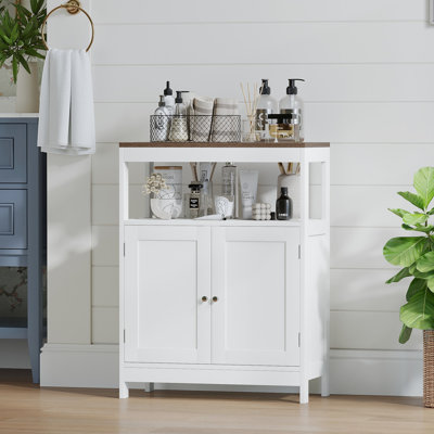Armoire de rangement moderne avec portes doubles, armoire de salle de bain autoportante avec tablette réglable et plateau en bois naturel, organisateur polyvalent pour la cuisine, le salon, la salle de bain ou le vestibule - blanc