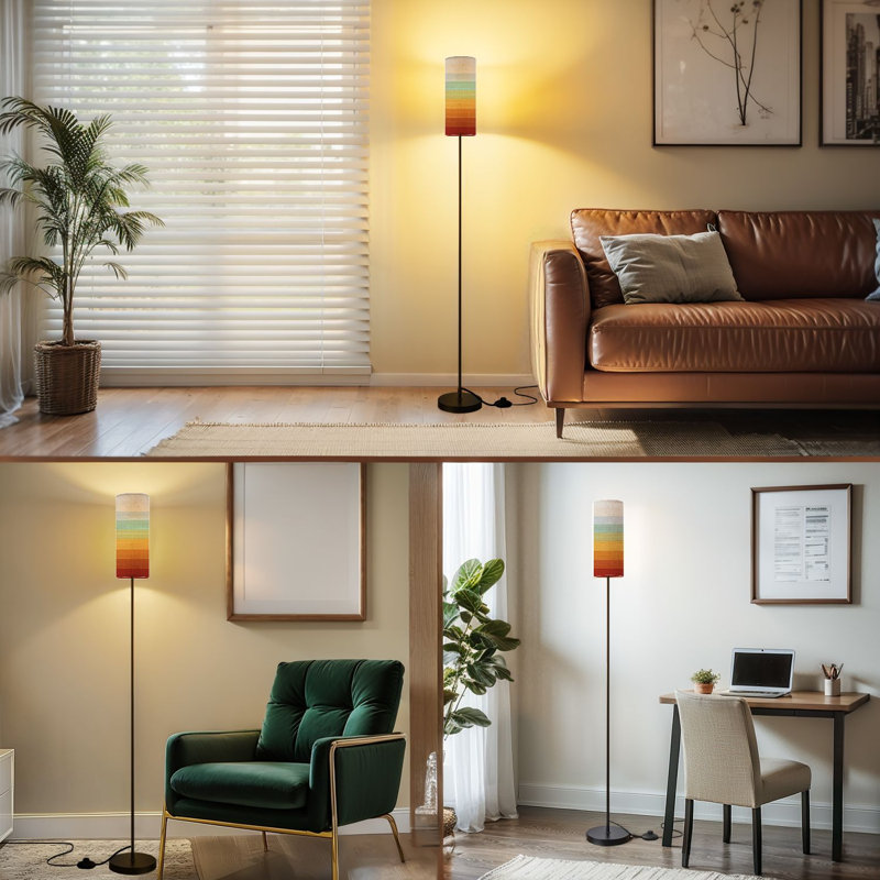  68.5" Standing Floor Lamp Abstract Gradient Stripes Warm Cool Dimmable Metal Pole Lamp with Linen Lampshade LED Bulb Included