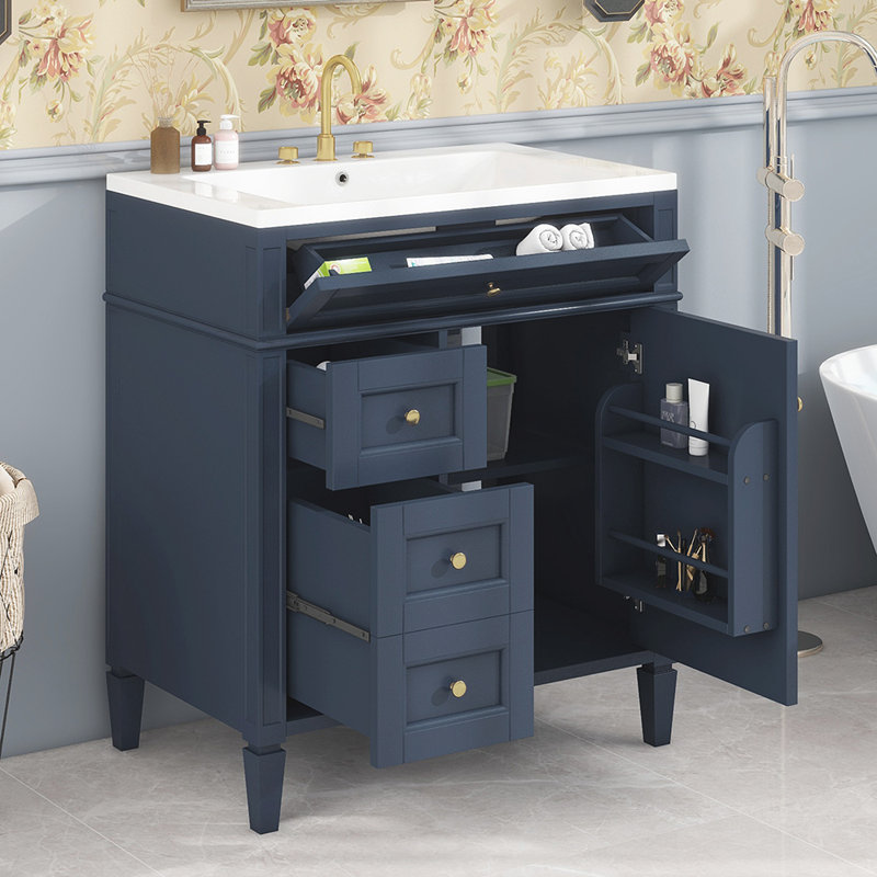 Elouan 30.01'' Single Bathroom Vanity with Solid Wood Top, Blue