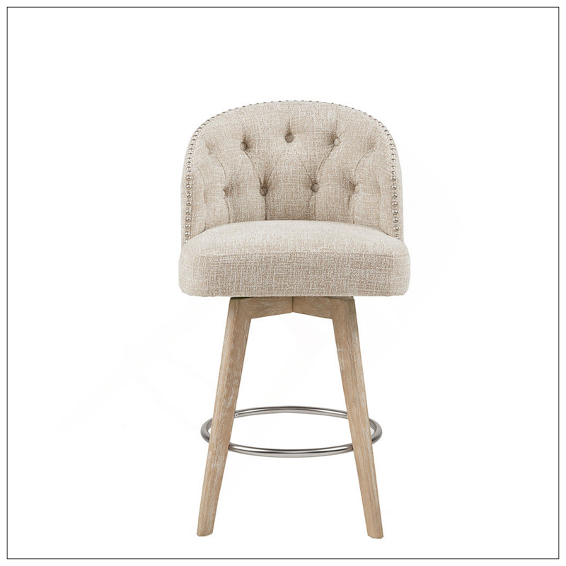 Élégant tabouret de comptoir pivotant à 360 degrés avec dossier capitonné et pieds en bois récupéré, parfait pour les salles à manger modernes.