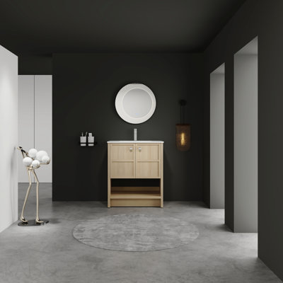 Lavabo de salle de bain autoportant 30 po en céramique, 2 portes à fermeture douce, chêne, contreplaqué