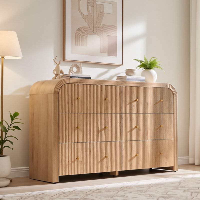 54" Fluted 6-Drawer Dresser With Thickened Curved Profile, Natural Oak