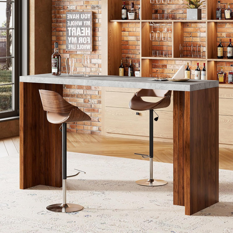 Bar 55 po de long à hauteur de comptoir pour 4 à 6 personnes avec plateau de table très épais, table basse rectangulaire pour la cuisine, la salle à manger et le salon, gris et brun