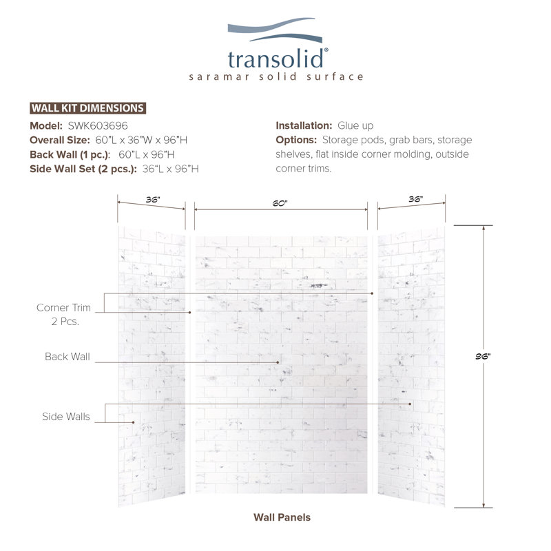 White Venito Subway Tile Adhesive Shower Wall Kit, 36" x 60" x 96"