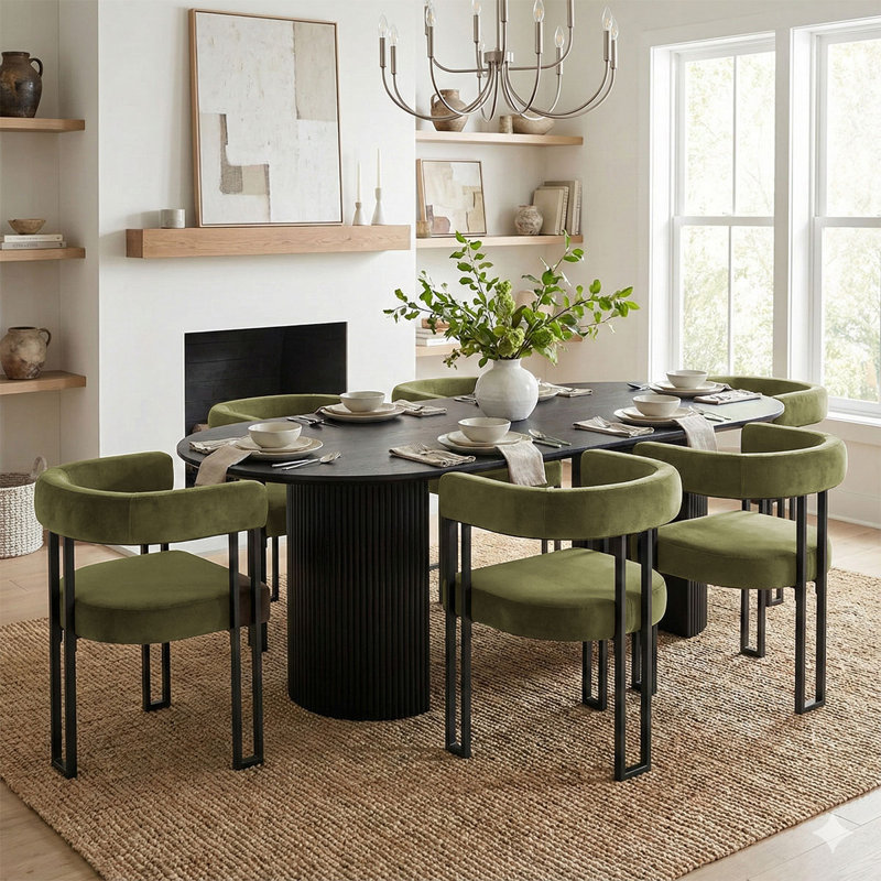 Ensemble de table de salle à manger pour 6 personnes avec table ovale et 6 chaises rembourrées en velours, Noir, Vert