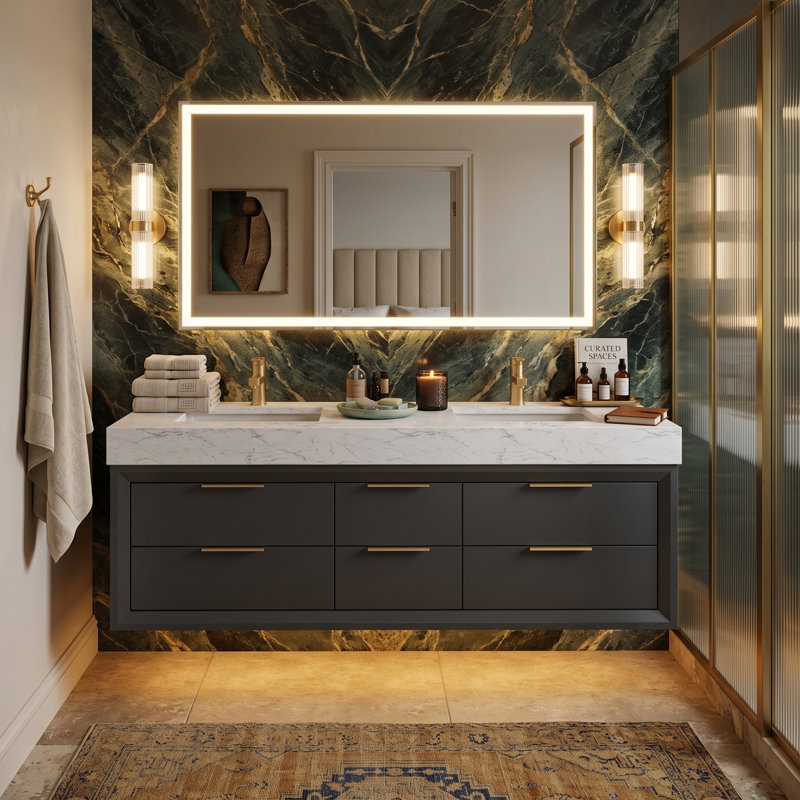 Meuble-lavabo suspendu de 152,4 cm (L) x 52,6 cm (P) avec comptoir imitation marbre, éclairage DEL intégré, 6 tiroirs à fermeture amortie, noir