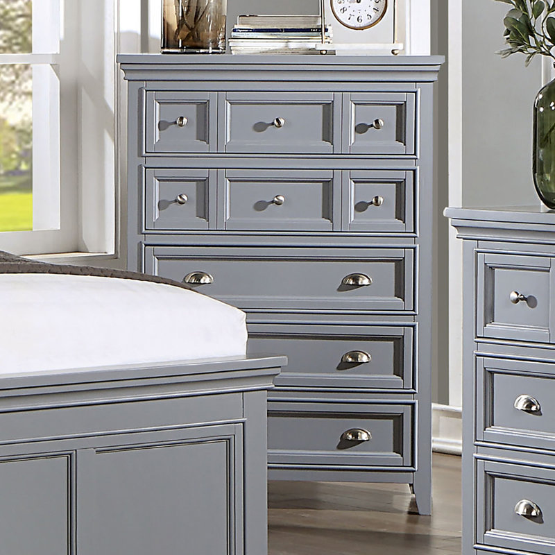 Commode de style transitionnel 1Pc Commode 5 tiroirs et boutons ronds en feutre avec tiroirs à roulement à billes, finition grise