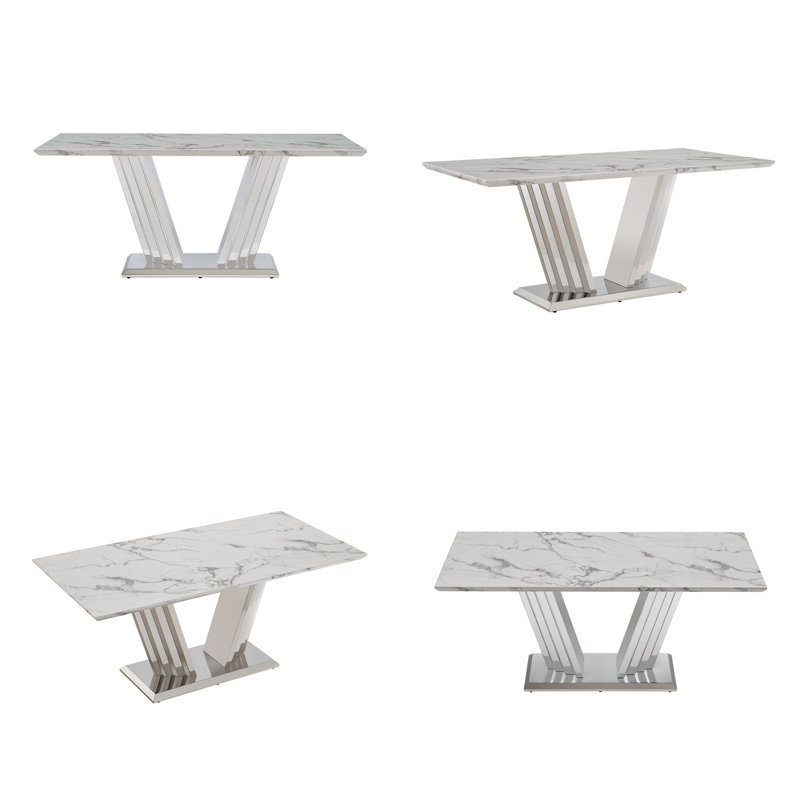  70-Inch Rectangular Faux Marble Dining Table with Mirrored Stainless Steel Base