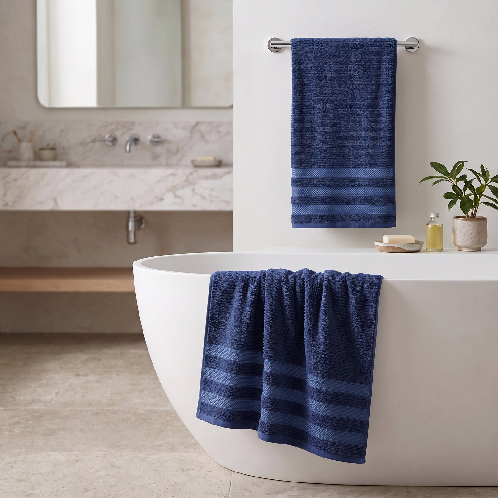 3-Piece Geometric Zero-Twist Cotton Towel Set, Navy Blue