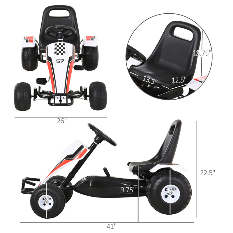 Pédale de karting pour enfants avec siège réglable, roues en plastique, frein à main et levier de vitesses, blanc