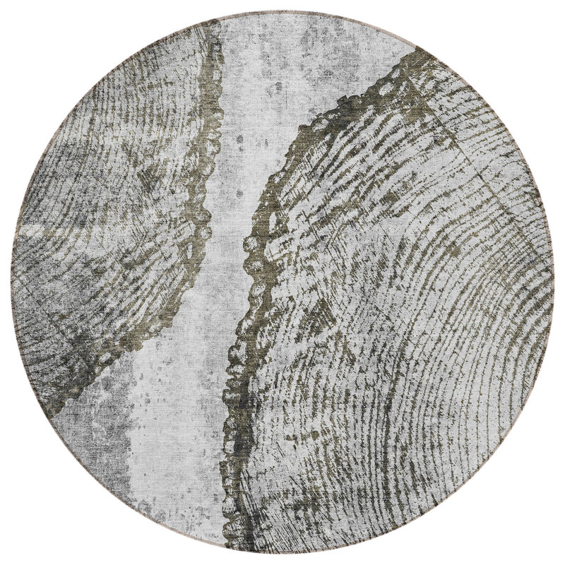 Tapis extérieur rond lavable abstrait 8 po gris taupe et argenté