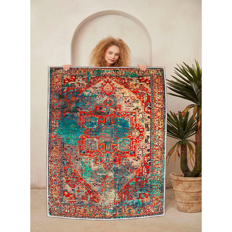 Luxurious 100% Cotton Area Rug, 31.5 x 19.7 inches | 1200 GSM, 0.4 in Pile Height | Antibacterial, Non-Slip PVC Underside, Machine Washable | Stylish Cream, Red, Orange, Blue & Black Design for Home Décor