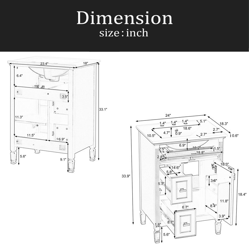 Meuble-lavabo de 24 pouces avec lavabo, armoire en bois massif et panneau de fibres à densité moyenne avec un tiroir rabattable, deux tiroirs standard et une tablette réglable, meuble-lavabo autoportant pour le rangement de la salle de bain