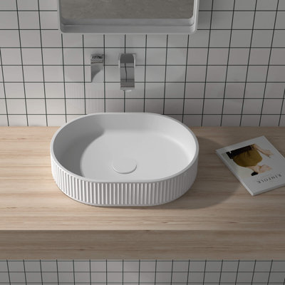 Ruvati Fluted Vessel Bathroom Sink epiStone Solid Surface Modern Oval Matte White 