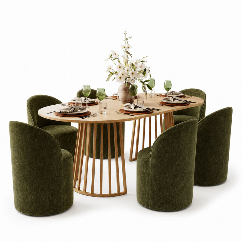 6 - Person Dining Table Sets With Extendabe Oval Table & 6 Upholstered Chenille Rolling Chairs, Olive Green