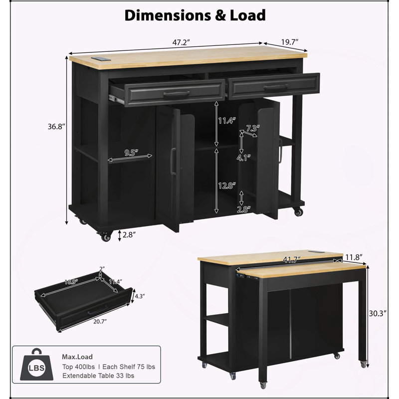 Versatile Kitchen Island with Extendable Table and Multiple Functional Features, Black