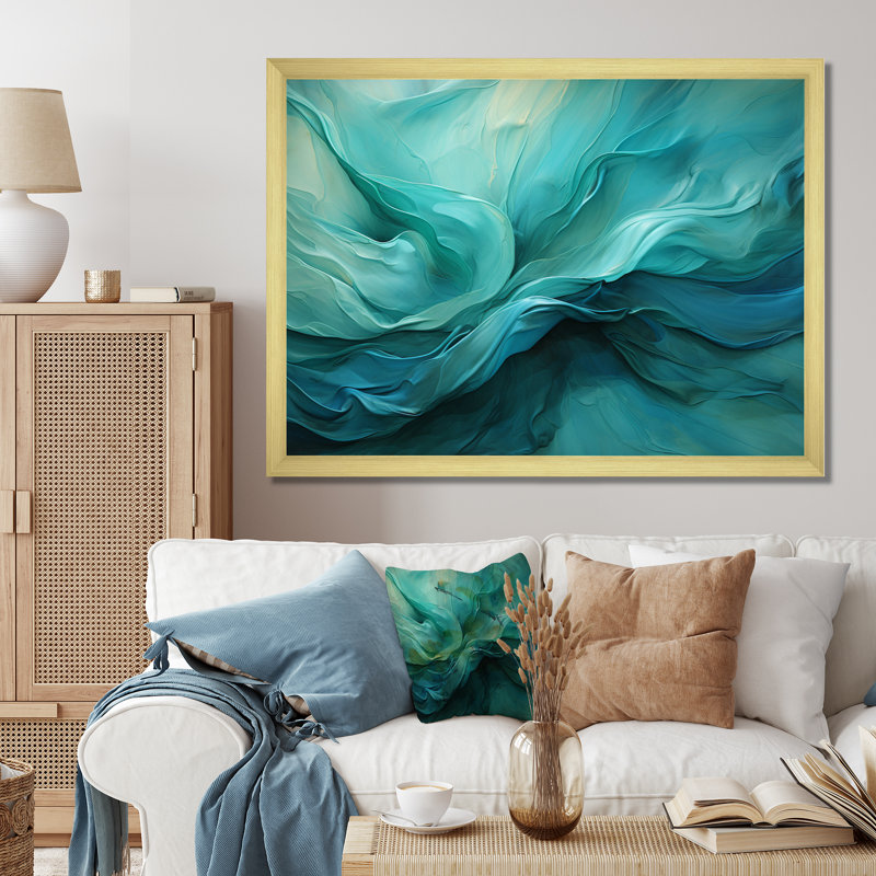 Turquoise Tranquility V - paysages abstraits, impressions sur toile, H 12 po x l 20 po, Cadre photo unique, Doré