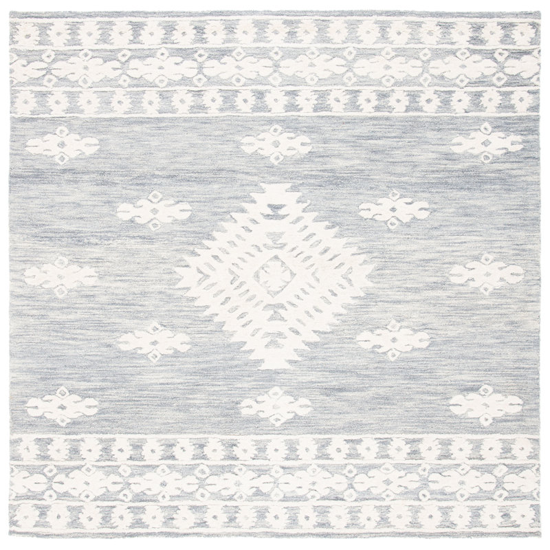 Hand Tufted Wool/Cotton Southwestern Rug in Light Gray, Square 7'