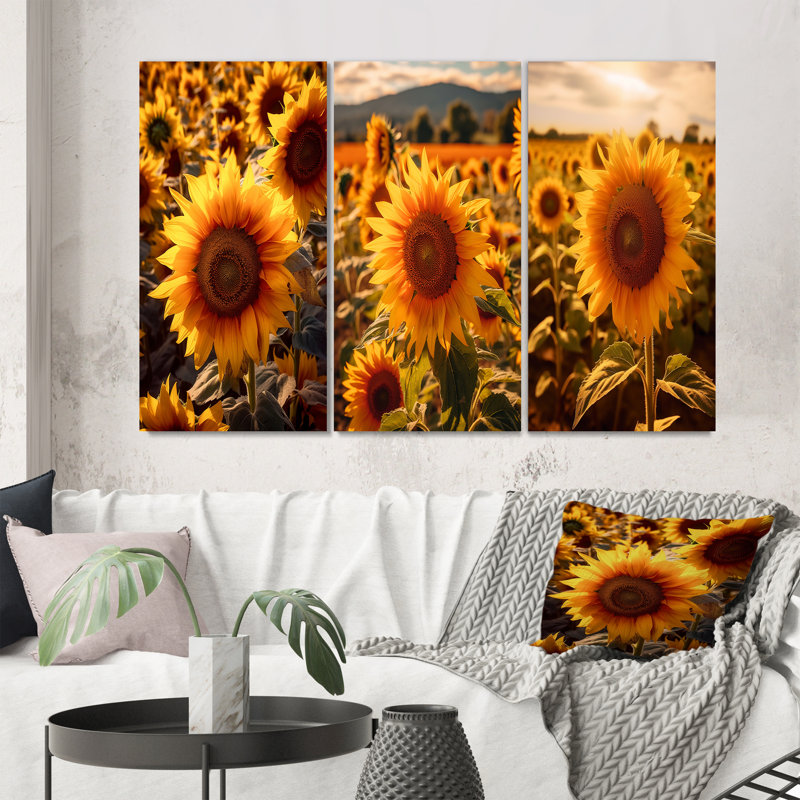Tournesol doré au coucher du soleil - ensemble de 3 impressions, Toile tendue, H 40 po x l 60 po