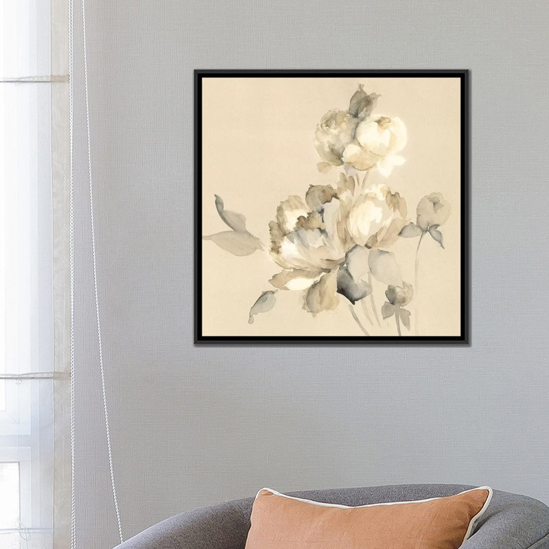 « pivoine fleurs », impression sur toile, H 18 po x l 18 po x P 1,5 po, Toile avec cadre noir, Pas de tapis