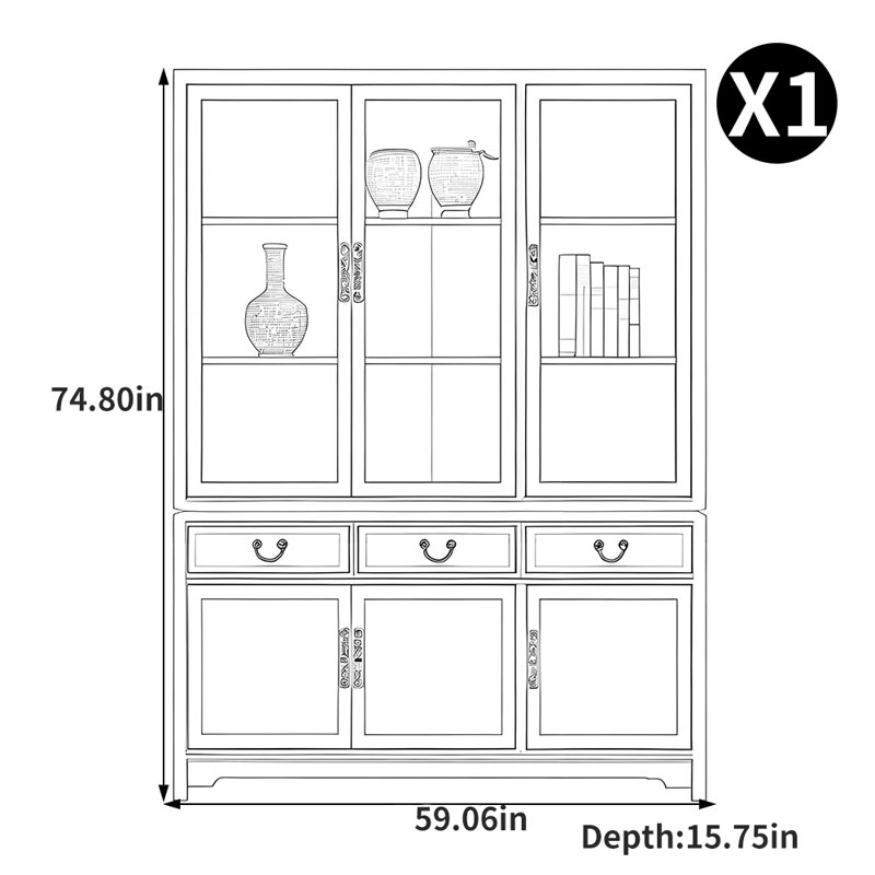 Bibliothèque à portes vitrées style italien, H 74,8 po x l 59,06 po x P 15,75 po