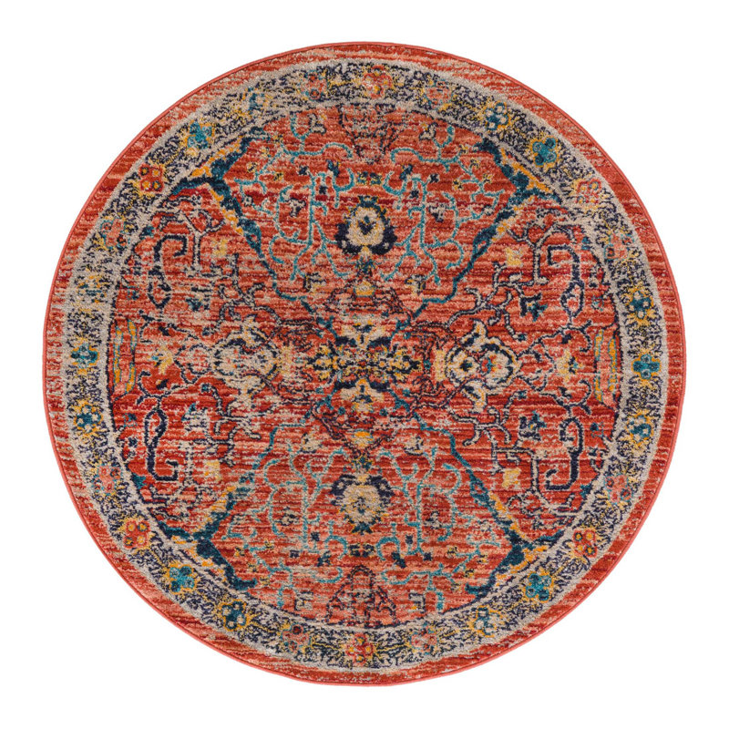 Tapis rouge brique à motif floral Alkire, Rond 3 pi 3 po