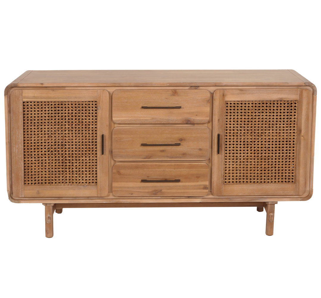 Sideboard HWC-M47, Schrank Kommode Highboard Staufächer Schublade, Rattan Akazie Massiv-Holz gebeizt