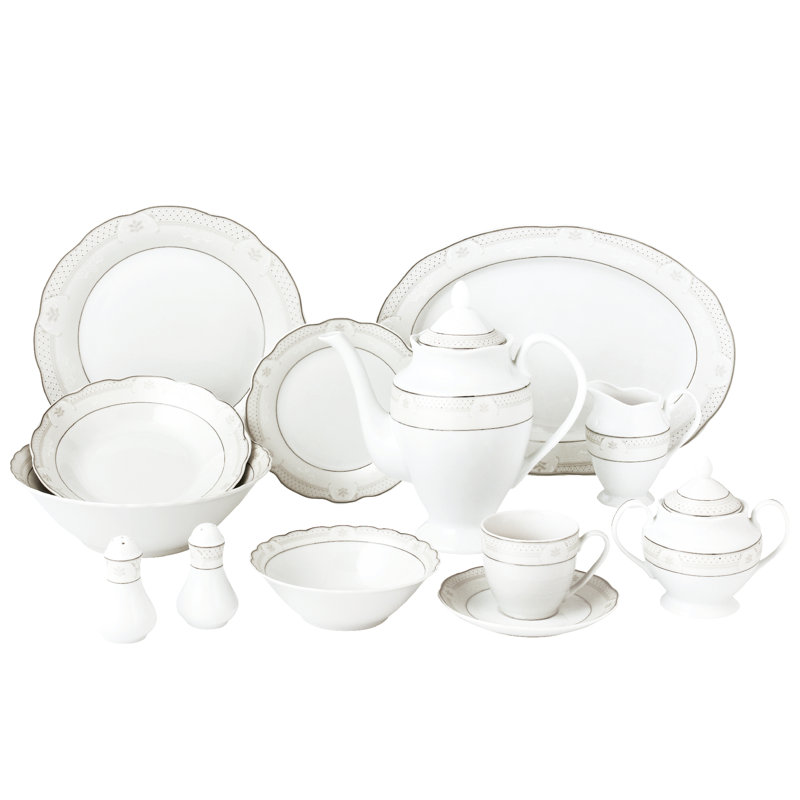 Elegant Silver Banded Porcelain Dinnerware Set for 8
