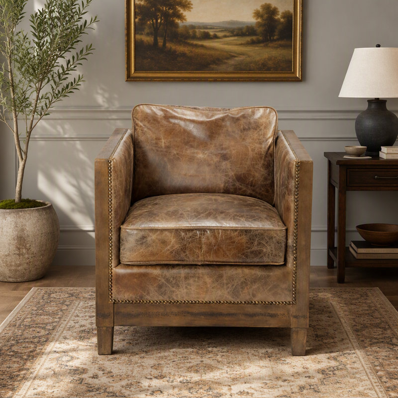 Fauteuil club, structure en bois d'hévéa massif et cuir véritable brun