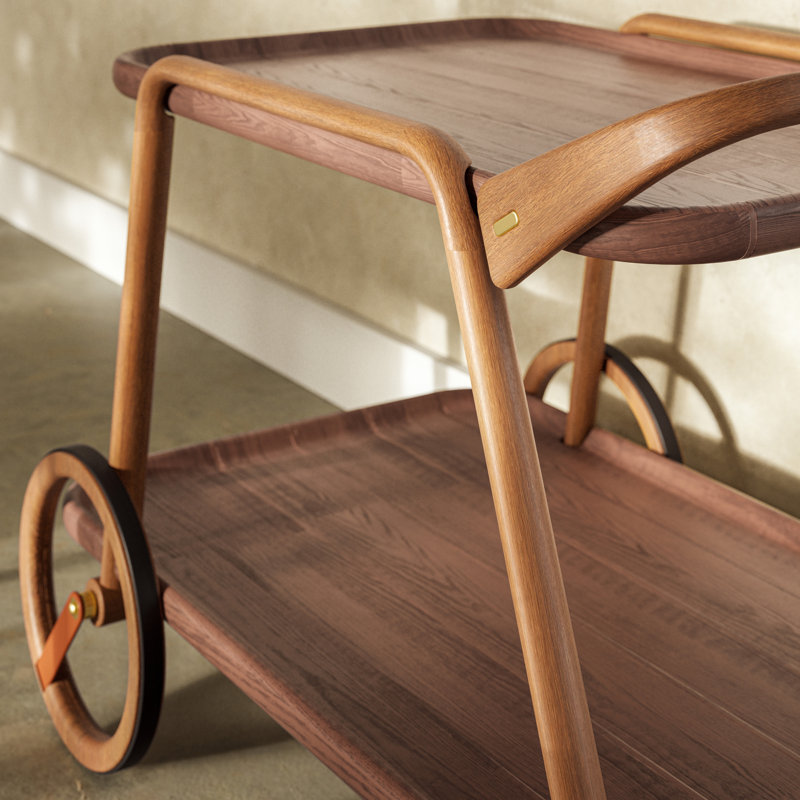 Bret Solid Wood Two-Tier Bar Cart with Wheels