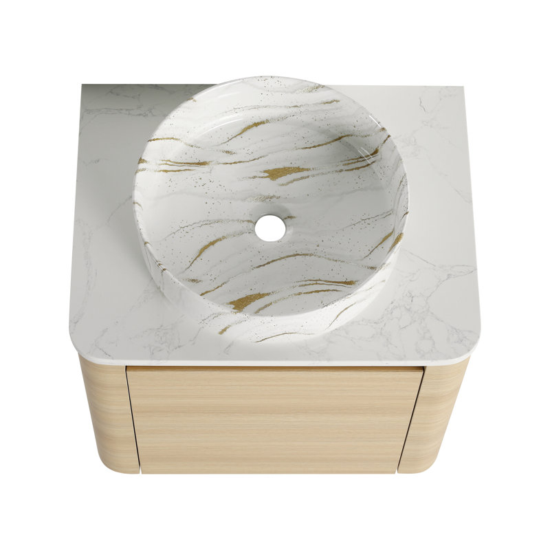 Meuble-lavabo mural 24 po avec lavabo d'art en céramique et porte à fermeture en douceur 24 po, Chêne