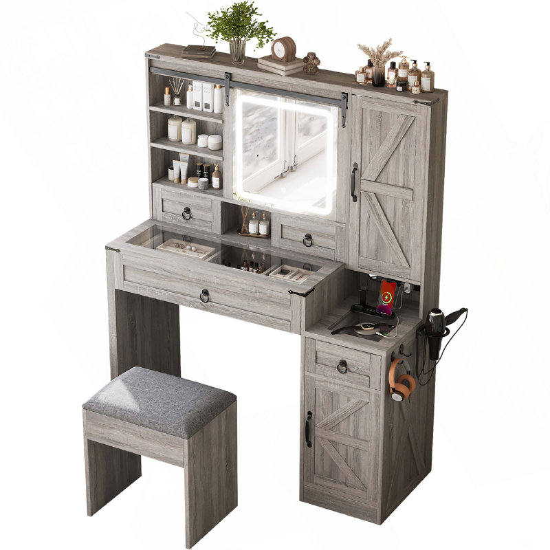 Farmhouse Vanity Desk With Sliding Mirror And Lights, Vanity Set With Glass Top And Charging Station ,Dressing Table With 4 Drawers And 2 Cabinets, Dressing Table With Stool For Bedroom