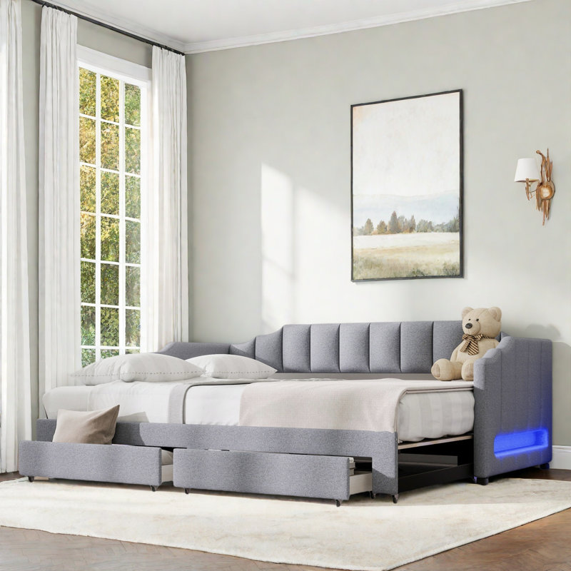 Lit de jour rembourré extensible avec 2 tiroirs de rangement et lumière DEL, Gris