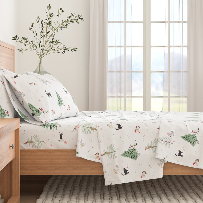 Winter Cats Blue Cotton Flannel Twin Sheet Set
