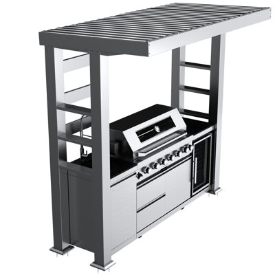 94 - Inch 85000 6 Burner Gas Outdoor Kitchen Barbecue Island Grill With Wine Cooler, , Granite Countertops And Storage Cabinets. Tubular Stainless Steel Burners, Rear Infrared Burner, Side Burner.
