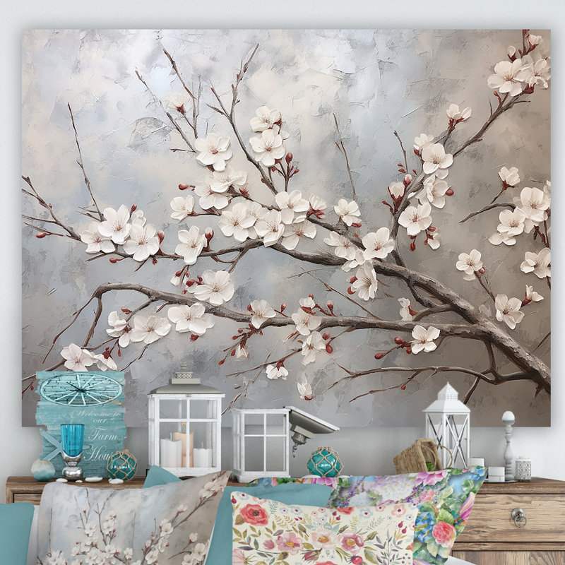 Fleur de cerisier minimaliste gris et beige I - art mural Cherry Blossom, H 12 po x l 20 po x P 1 po, Toile tendue